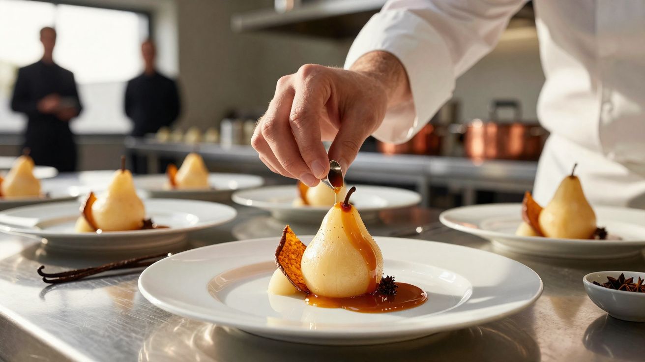 Chef finalizando a decoração de peras cozidas com calda em pratos brancos na cozinha profissional.