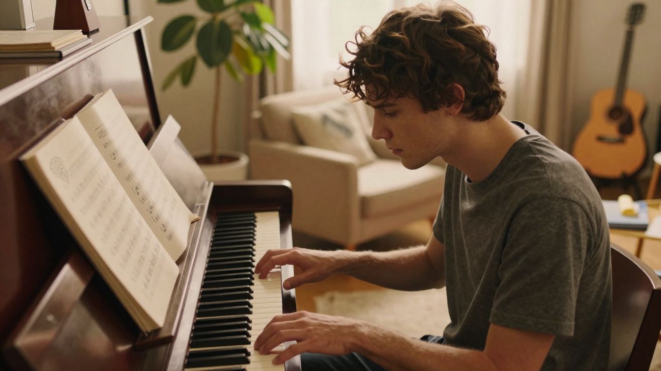 Jovem tocando piano em uma sala com sofá, planta e violão ao fundo.