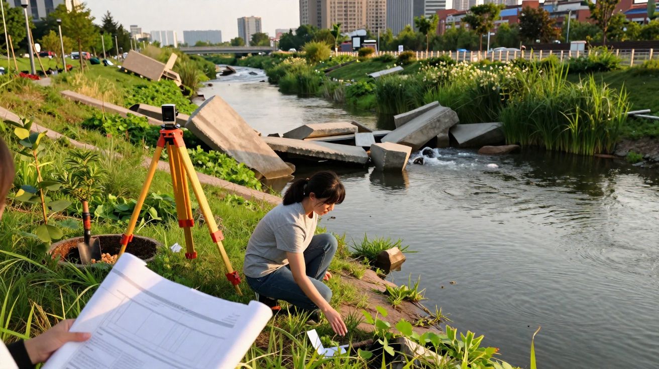 Mulher analisando plantas e rio em área urbana com equipamentos e plantas ao redor.