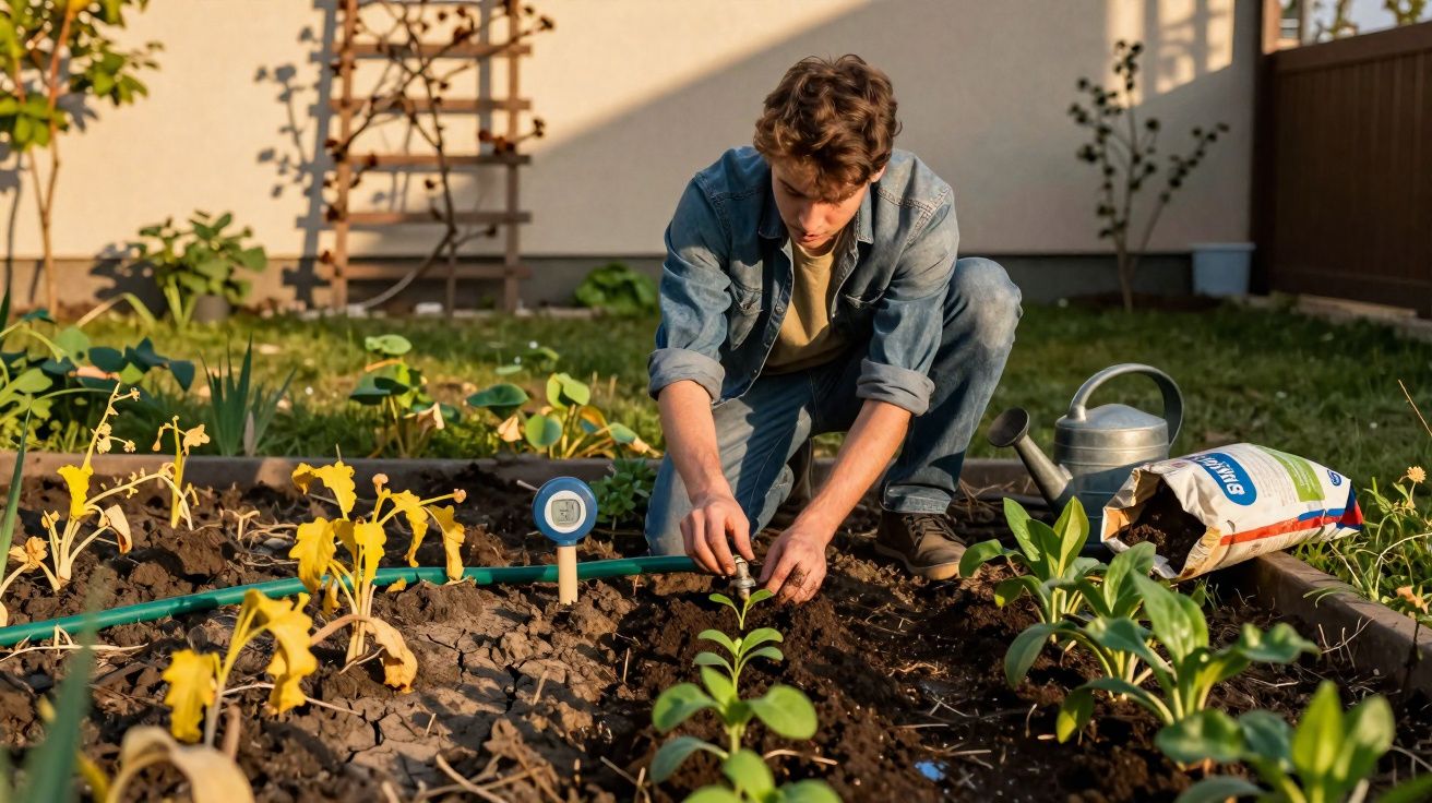 Homem cuidando de plantas em canteiro de jardim com regador e adubo ao lado.