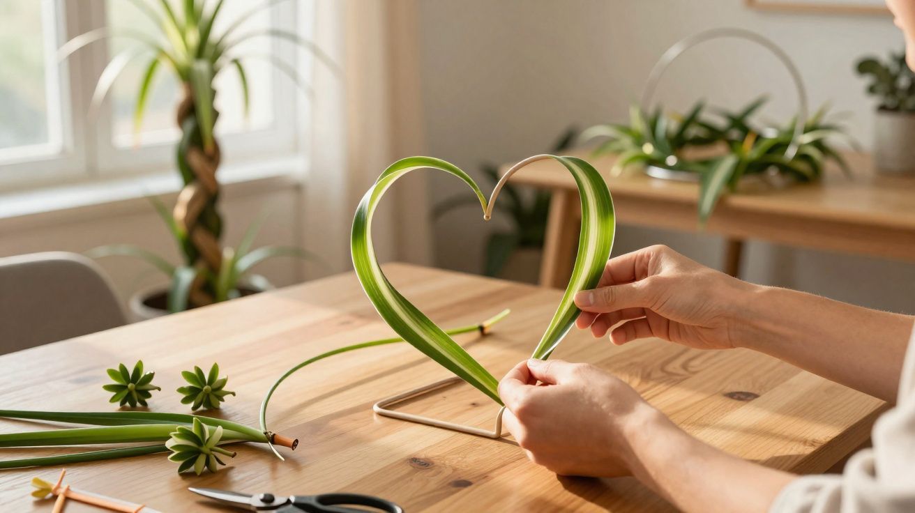 Mãos formando coração com folhas verdes em bancada de madeira clara com plantas ao fundo.