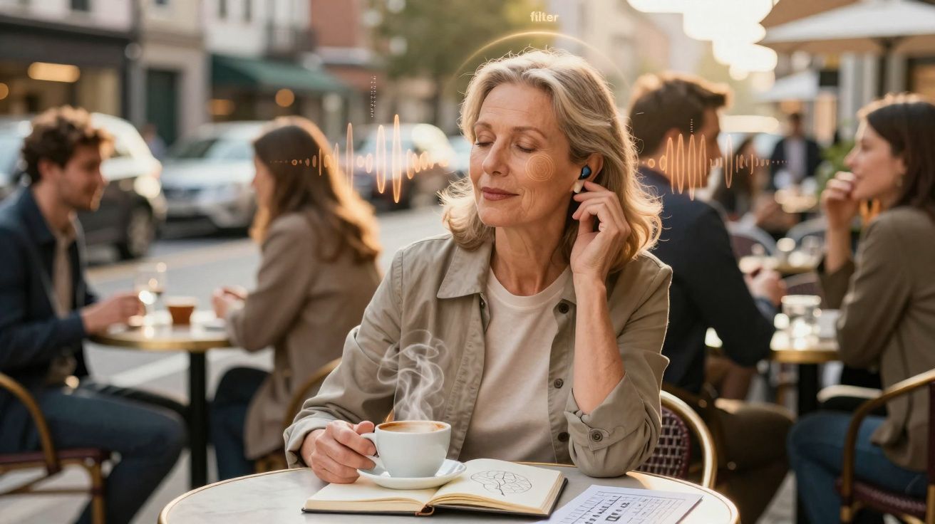 Mulher madura sentada em cafeteria ao ar livre, ouvindo música com fones de ouvido e tomando café.