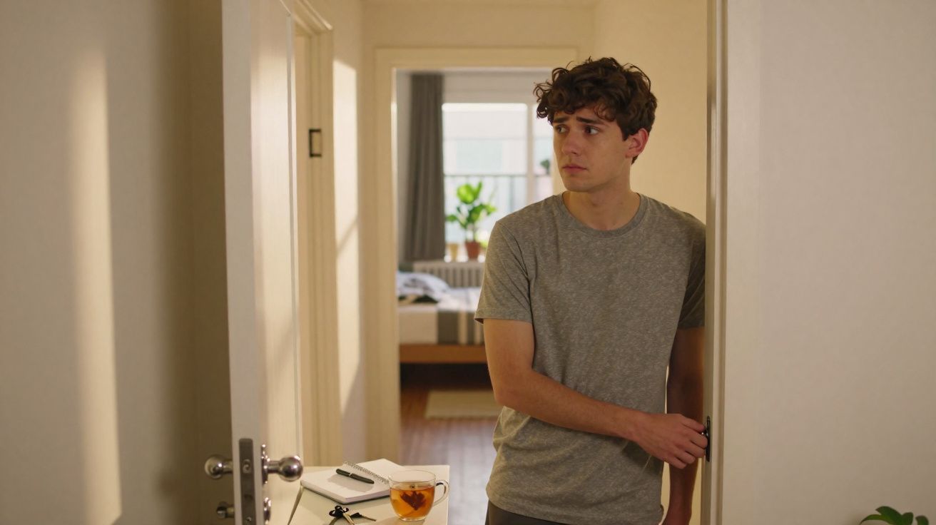 Jovem de camiseta cinza abre porta em ambiente interno, com mesa e xícara de chá ao lado.