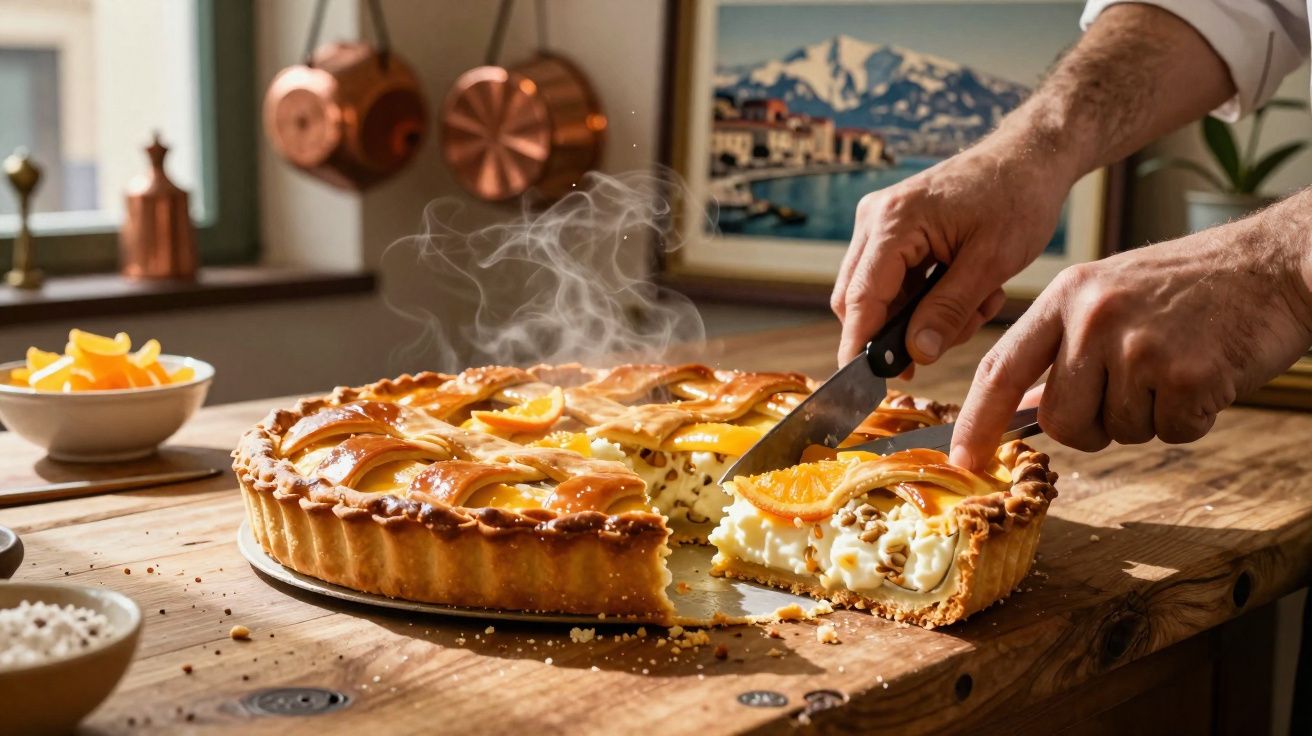 Torta quente de creme com fatias de laranja sendo cortada em uma mesa de madeira rústica.
