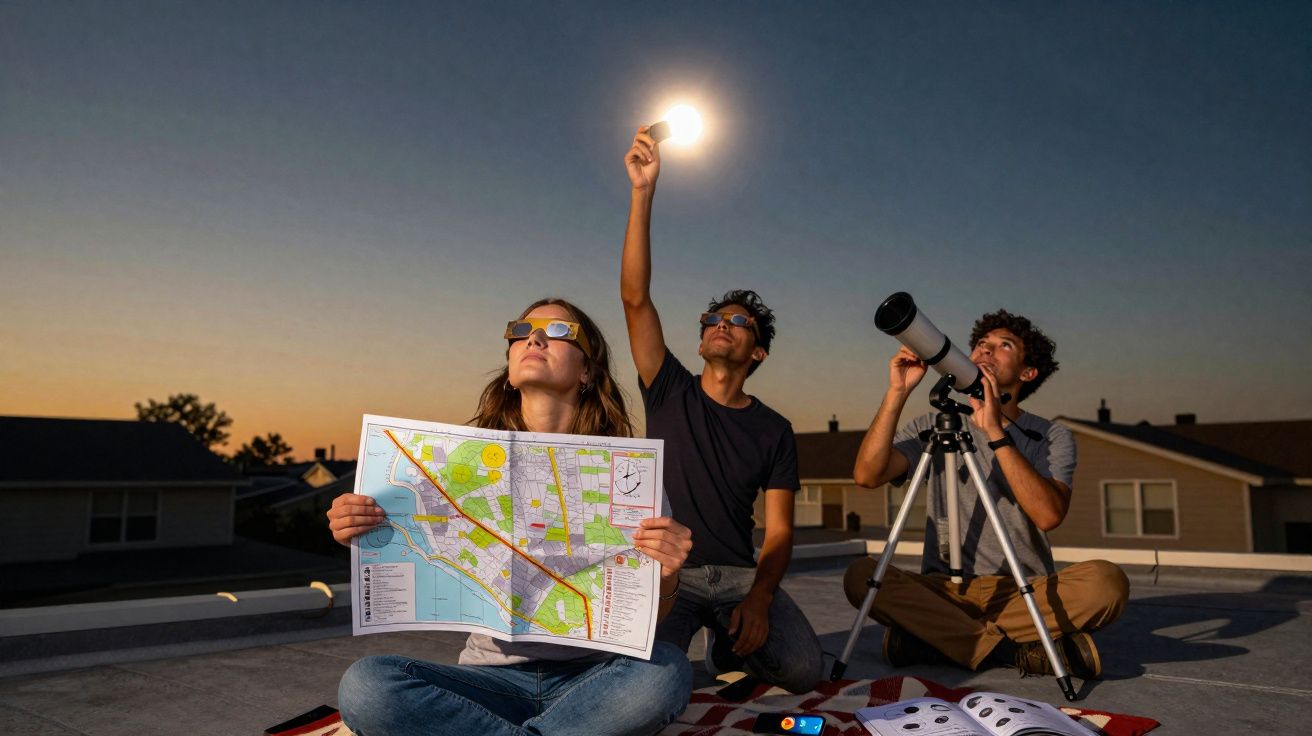 Três jovens com óculos escuros observam o céu ao entardecer, usando mapa, lanterna e telescópio em telhado.