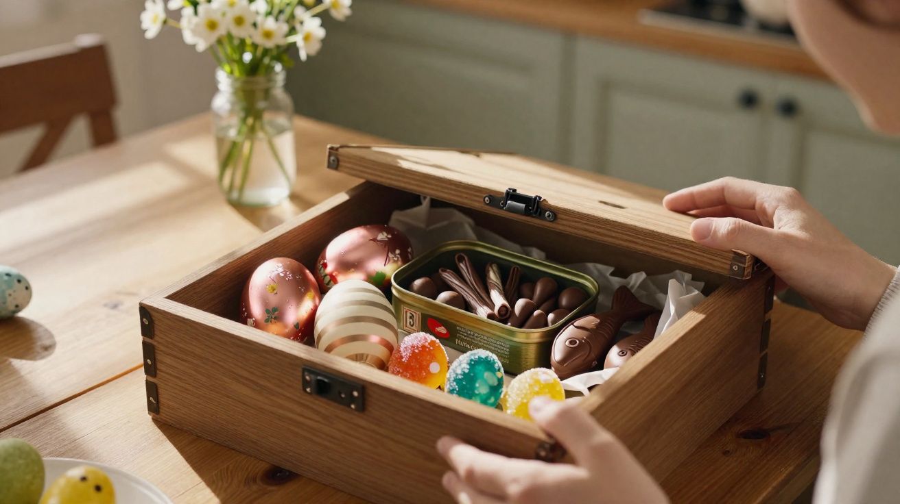 Caixa de madeira aberta com ovos de Páscoa decorados e chocolates sobre mesa clara.