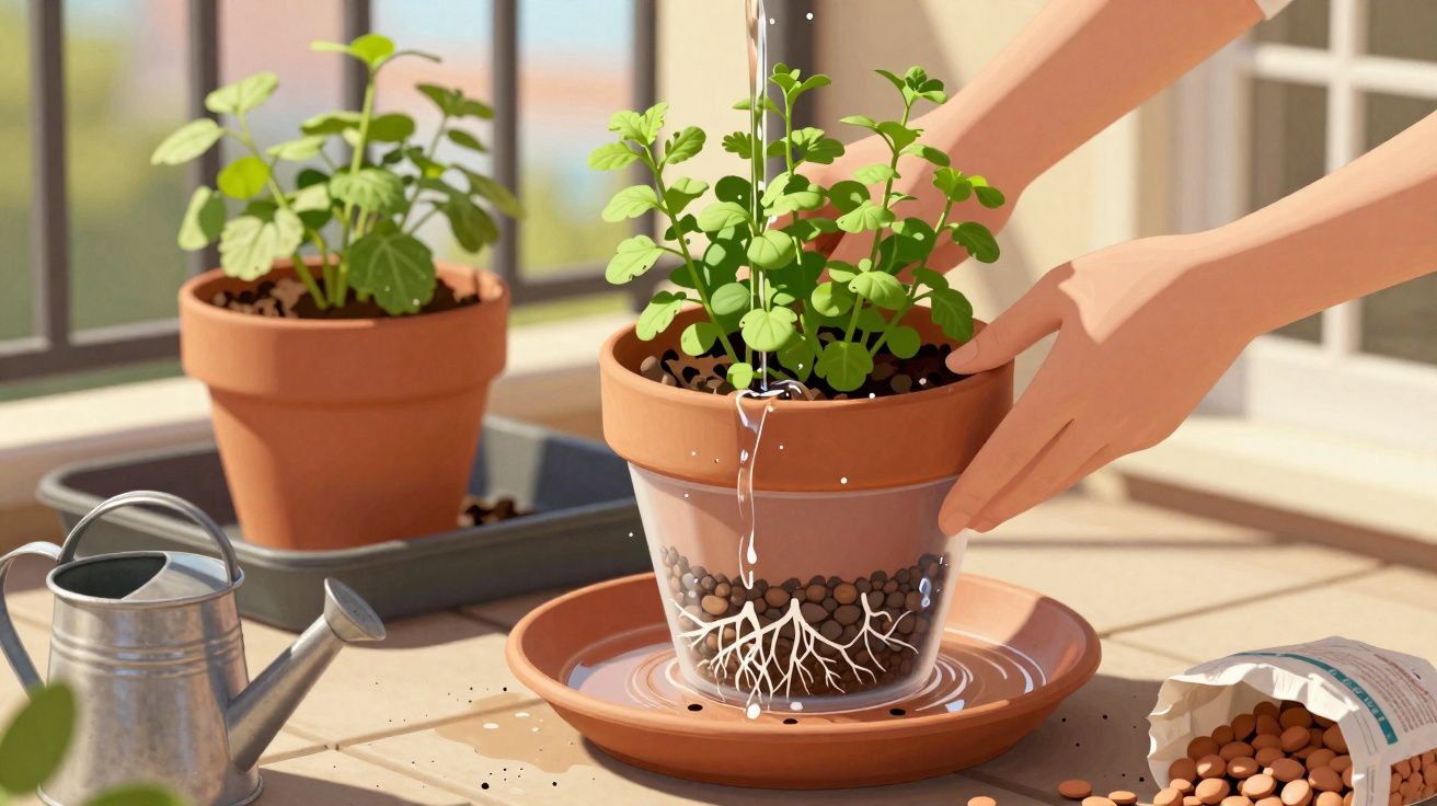 Mãos regando planta em vaso de barro com regador e sementes ao lado em varanda iluminada.