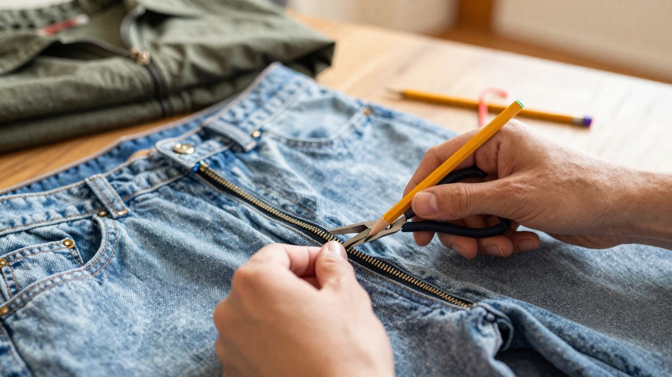 Mãos cortando o zíper de uma calça jeans azul com tesoura e lápis em superfície de madeira.