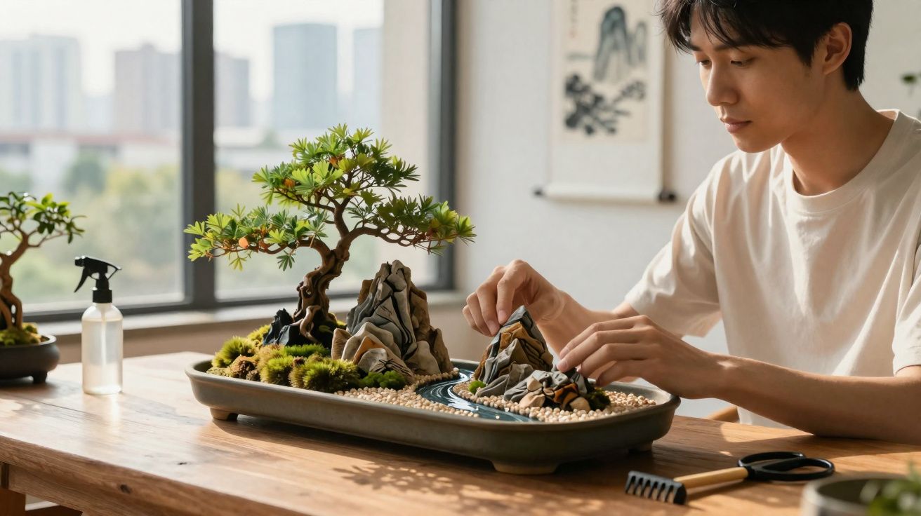 Homem cuidando de jardim de bonsai com pedra e musgo em mesa perto da janela.