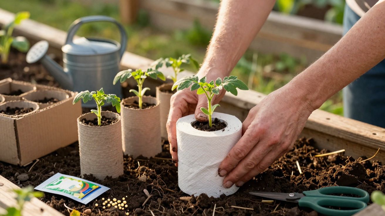 Mãos plantando mudas em rolos de papel higiênico usados como vasos em jardim.