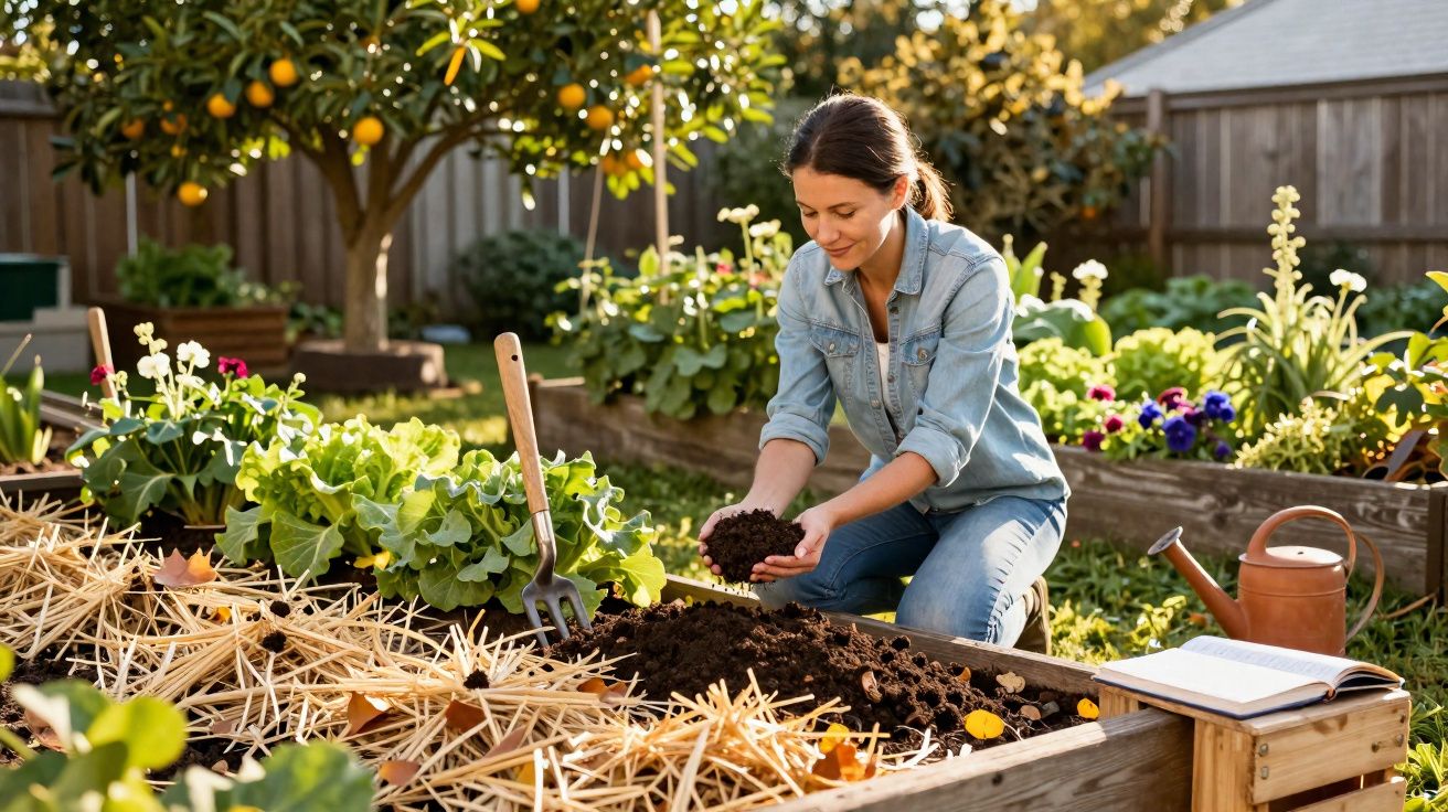 Mulher cuidando de horta com terra, plantas e ferramentas em ambiente ensolarado ao ar livre.