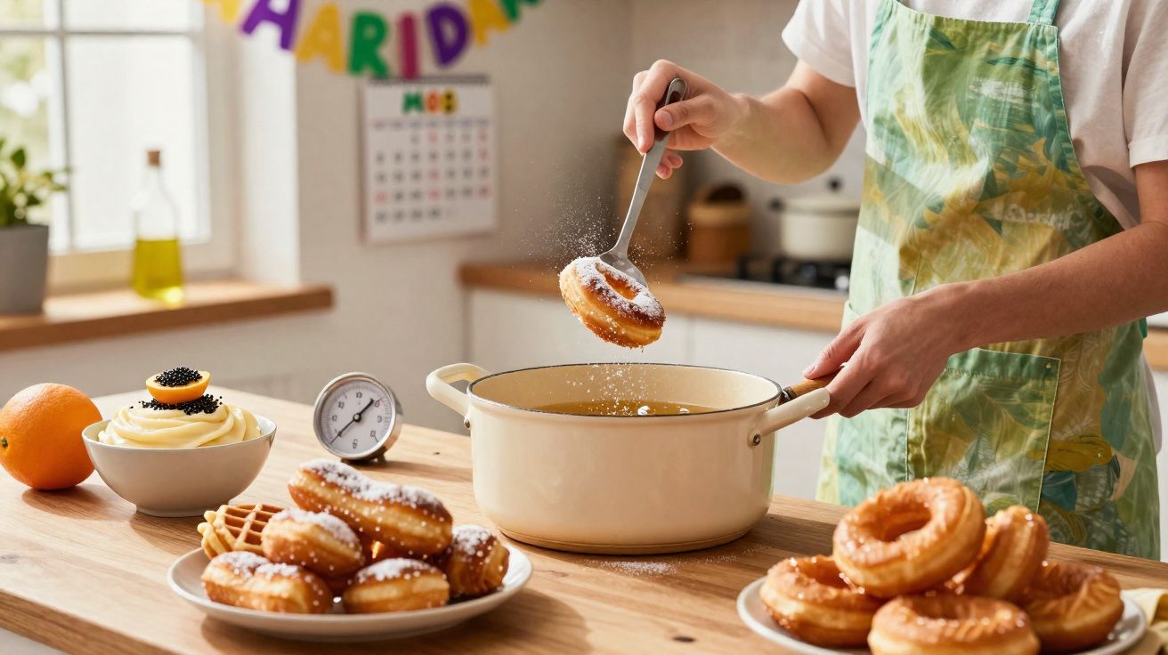 Pessoa polvilhando açúcar em donuts frescos em cozinha com utensílios e decoração colorida ao fundo.