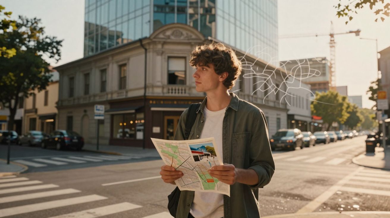 Jovem segurando um mapa na mão, parado em uma rua movimentada de cidade ao entardecer.