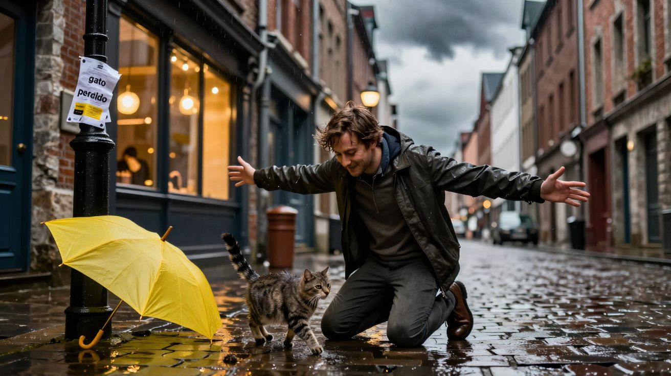 Homem agachado interage com gato em rua molhada, próximo a um guarda-chuva amarelo e cartaz de gato perdido.
