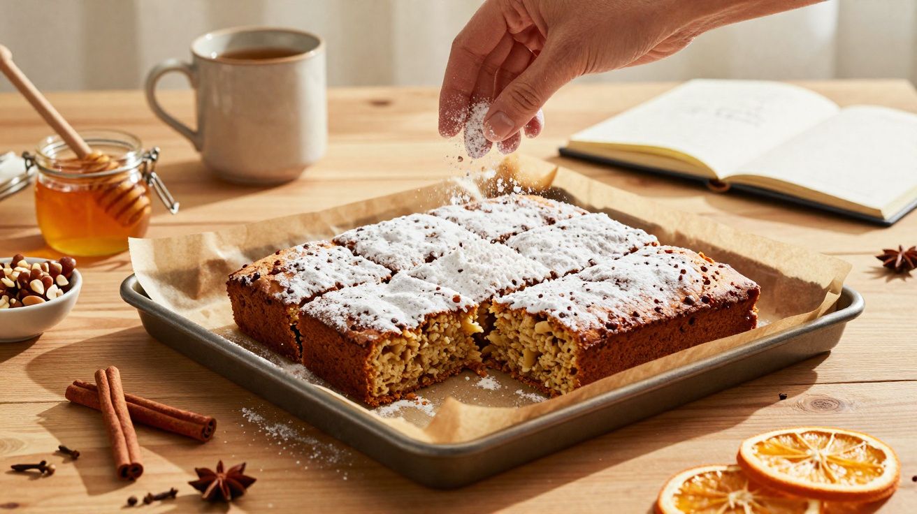 Bolo quadrado cortado com açúcar de confeiteiro sendo polvilhado em forma, mesa com chá, mel, especiarias e laranja seca.