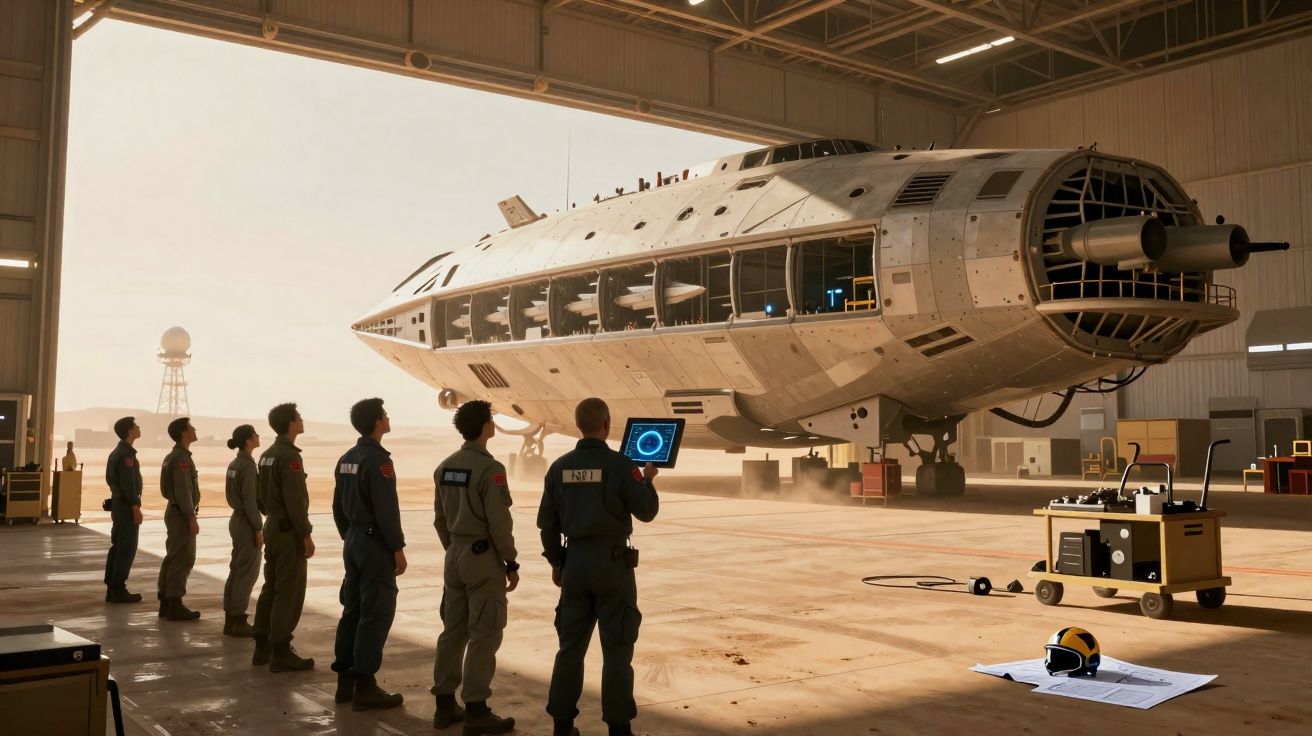 Equipe de técnicos observa nave futurista dentro de hangar amplo iluminado por luz natural.