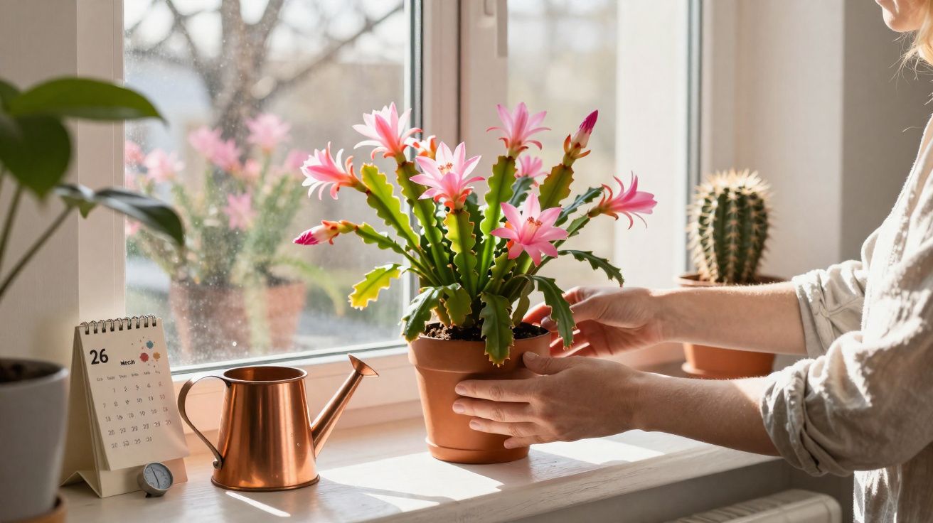Pessoa arrumando vaso com flor rosa no parapeito de janela, ao lado regador, calendário e cacto.