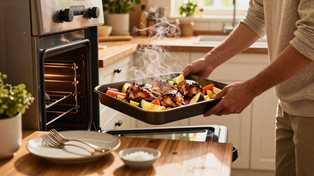 Pessoa retirando bandeja com frango assado e legumes do forno em cozinha iluminada.