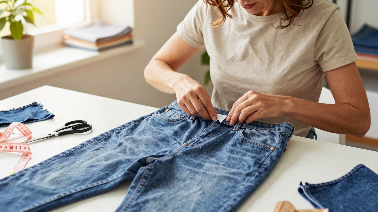 Mulher costurando etiqueta em calça jeans azul sobre mesa com tesoura e fita métrica.