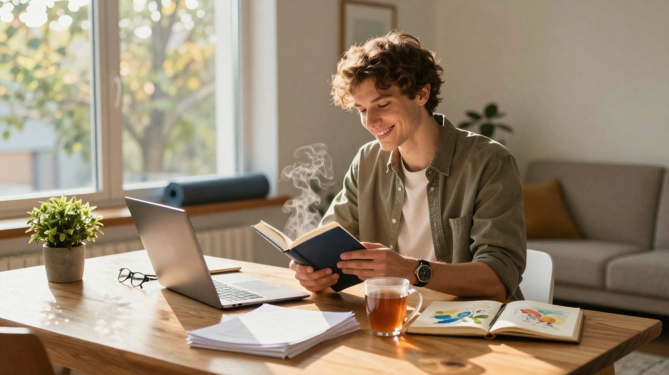 Jovem sentado à mesa lendo livro, com laptop aberto e xícara de chá, em ambiente iluminado e aconchegante.