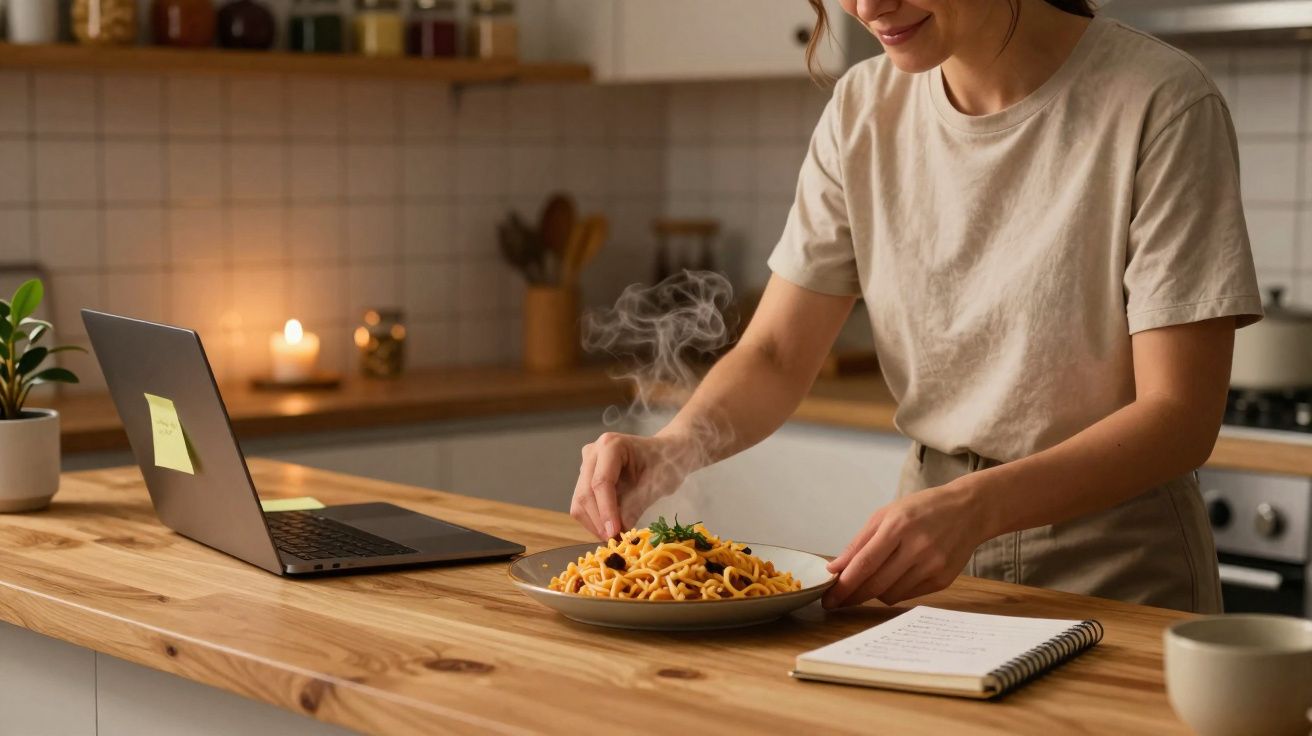 Mulher servindo prato de macarrão quente em cozinha com notebook e caderno sobre bancada de madeira.