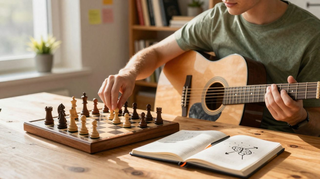 Pessoa tocando violão e movendo uma peça no tabuleiro de xadrez em mesa com caderno aberto.