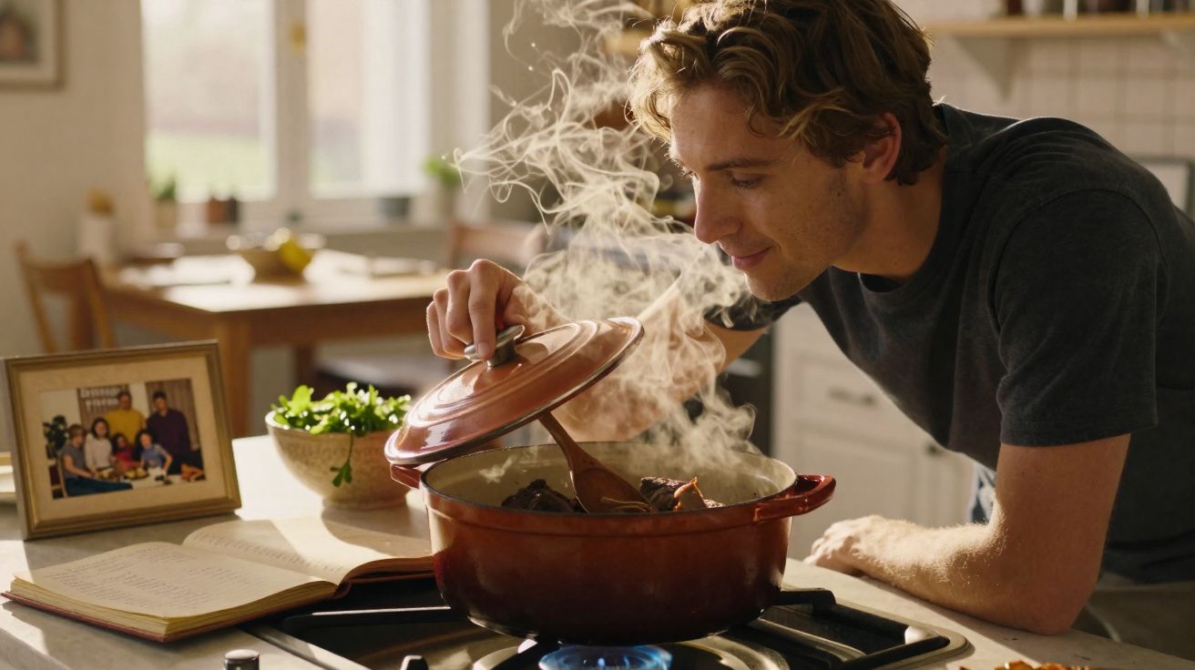 Jovem mexe panela quente e cheirosa na cozinha clara, com foto de família e livro de receitas na bancada.