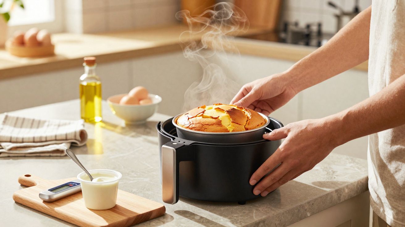 Pão de queijo recém-saído da air fryer com vapor saindo e mãos segurando a cesta preta.