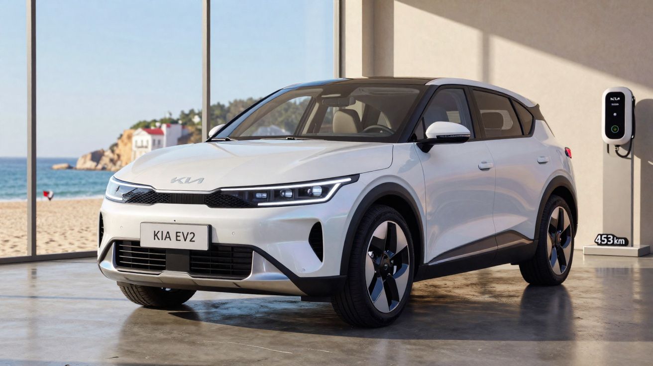 Carro elétrico branco Kia EV2 estacionado em garagem com carregador e vista para praia ao fundo.
