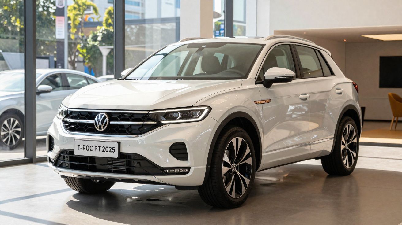 Carro SUV Volkswagen T-Roc branco em exibição dentro de concessionária moderna.