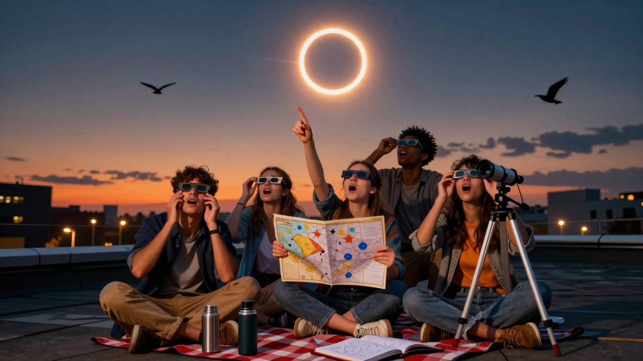 Grupo de jovens observando eclipse solar anular ao pôr do sol em área urbana, com mapamundi e telescópio.