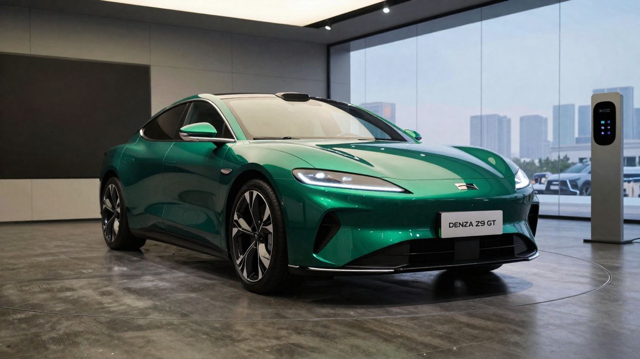 Carro verde elétrico Denza Z9 GT exibido em showroom com grandes janelas e estação de recarga.
