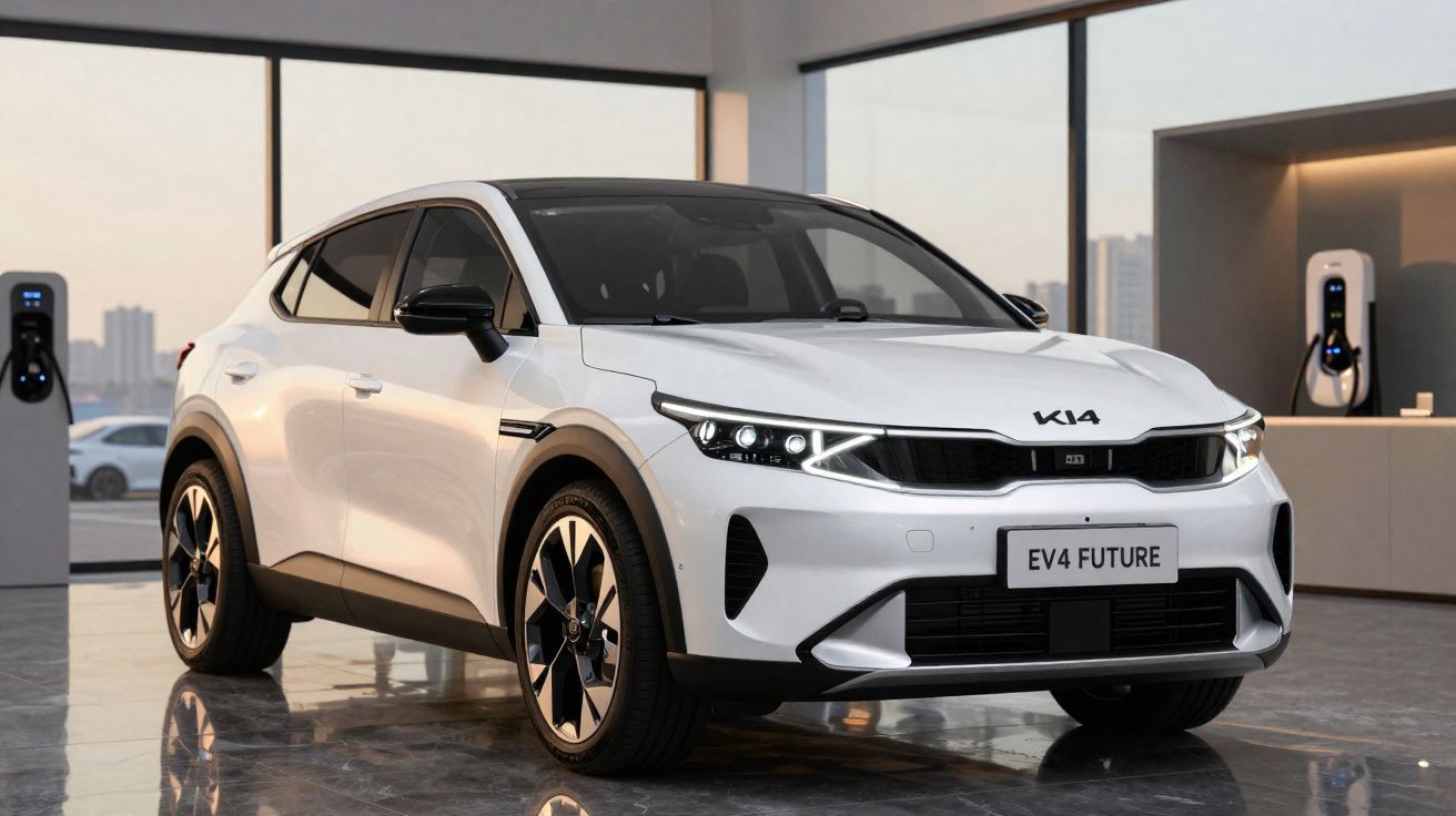 Carro elétrico branco Kia EV4 Future estacionado em showroom moderno com carregadores ao fundo.