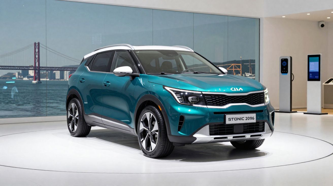 Carro SUV azul Kia Stonic 2026 exibido em showroom moderno com parede de vidro e vista para ponte.