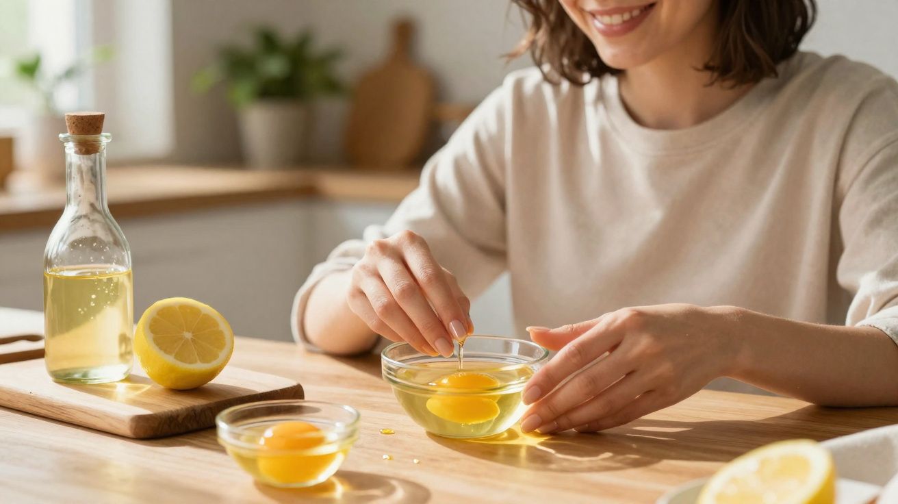 Mulher sorrindo preparando ovos em tigela de vidro na cozinha com limão e óleo ao fundo.