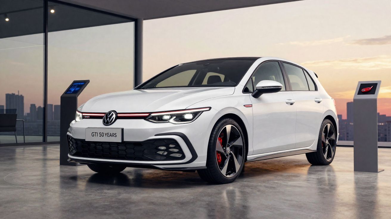 Volkswagen Golf GTI branco no interior de showroom moderno ao entardecer.