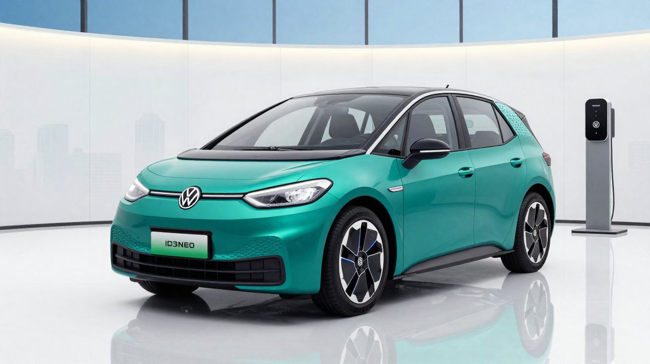 Carro elétrico Volkswagen ID.3 em verde, com carregador ao fundo, em ambiente moderno e iluminado.