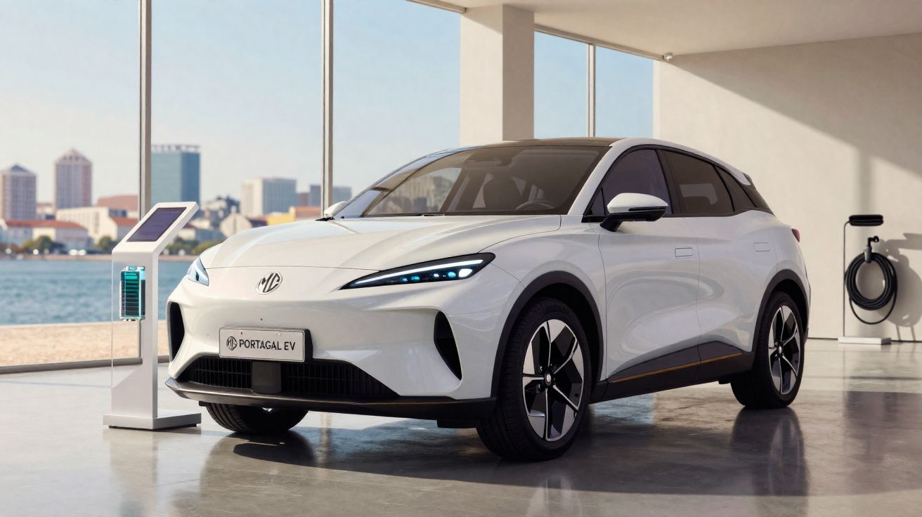 Carro elétrico branco MG Portacal EV estacionado em showroom com vista para a cidade e água ao fundo.