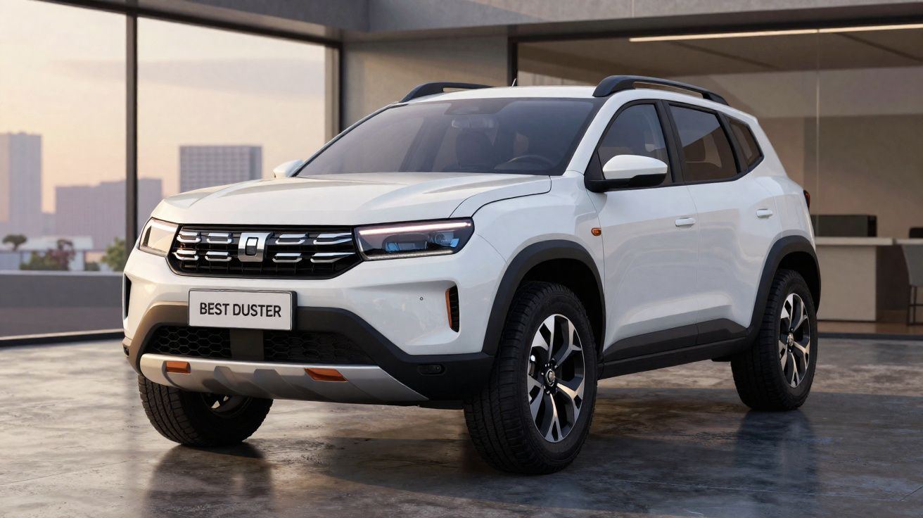 SUV branco Duster Best estacionado em garagem moderna com grandes janelas e vista urbana.