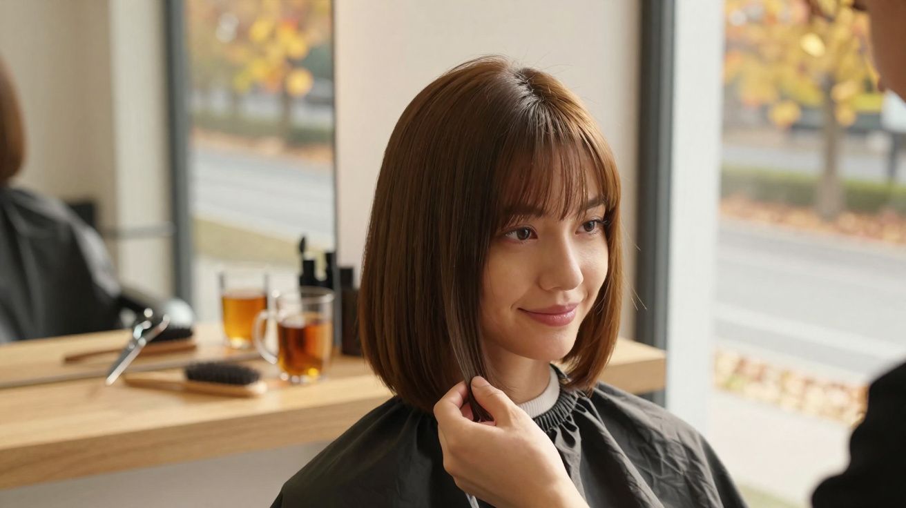 Mulher sorrindo com cabelo curto e reto, sentada em salão de beleza, vista em perfil.