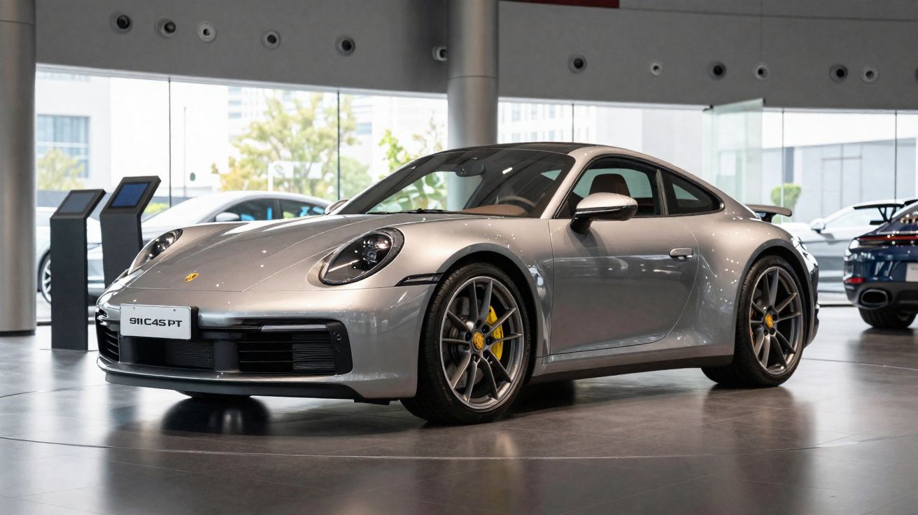 Carro esportivo Porsche 911 prata exposto em showroom moderno com piso brilhante e iluminação natural.