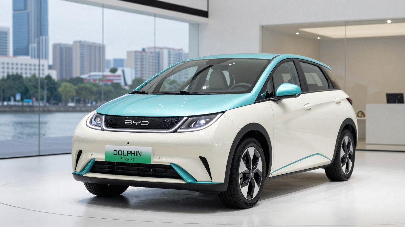 Carro elétrico BYD Dolphin branco e azul em exposição em espaço moderno com cidade ao fundo.