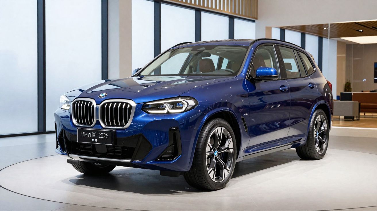 SUV BMW X3 2026 azul exibido em ambiente interno com iluminação natural.
