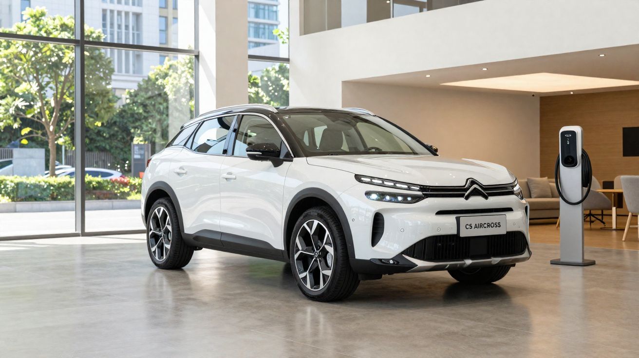 Carro branco Citroën C5 Aircross elétrico estacionado em ambiente interno moderno, próximo a carregador veicular.