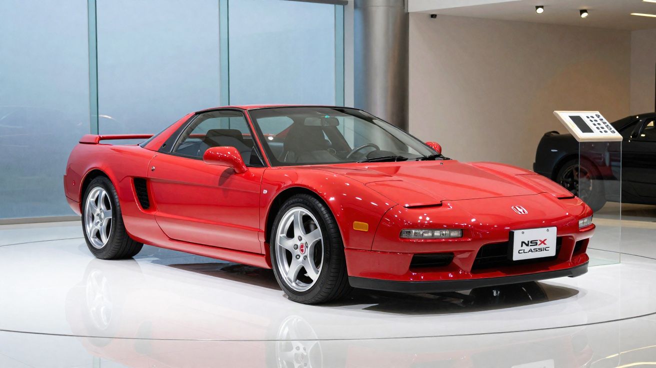 Carro esportivo vermelho Honda NSX Classic exposto em plataforma branca dentro de galeria.