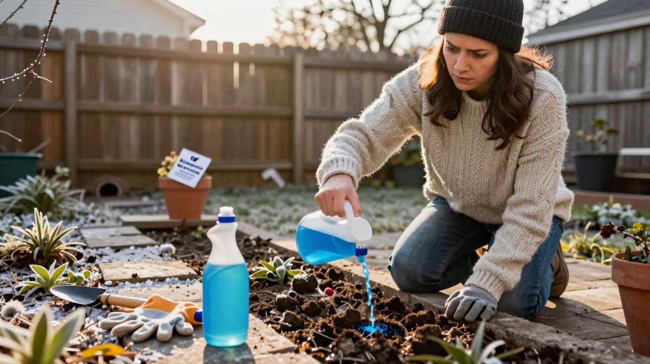 Mulher de suéter e gorro aplicando pesticida azul em plantas de jardim em dia ensolarado.