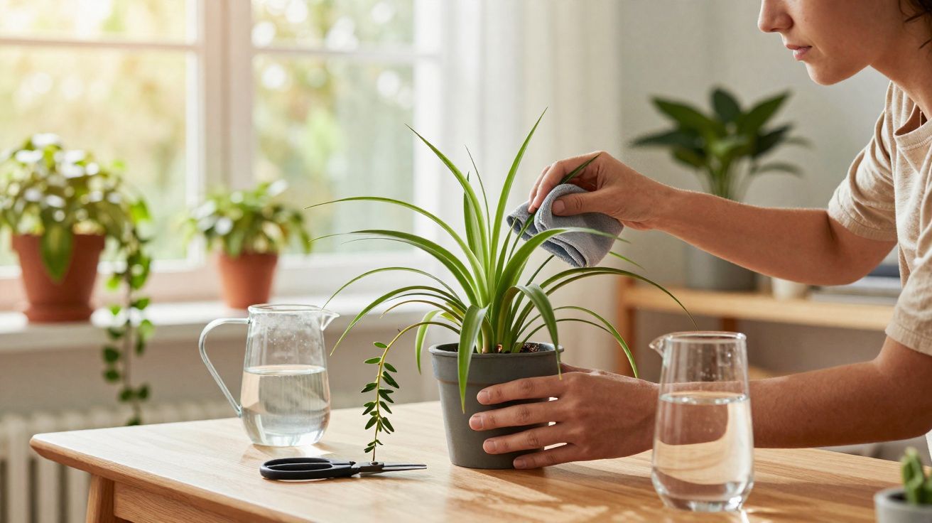 Pessoa cuidando de planta em vaso, limpando folhas com pano em mesa de madeira claro com regador e copo.
