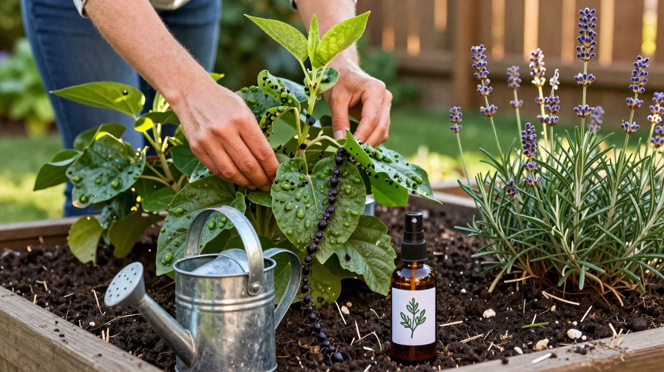 Mãos cuidando de planta em jardim suspenso com regador metálico e frasco spray ao lado.