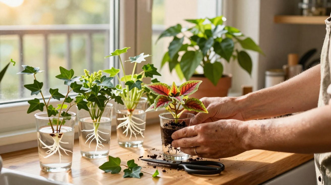 Mãos plantando muda colorida em copo com terra ao lado de vasos com outras plantas na bancada perto da janela.