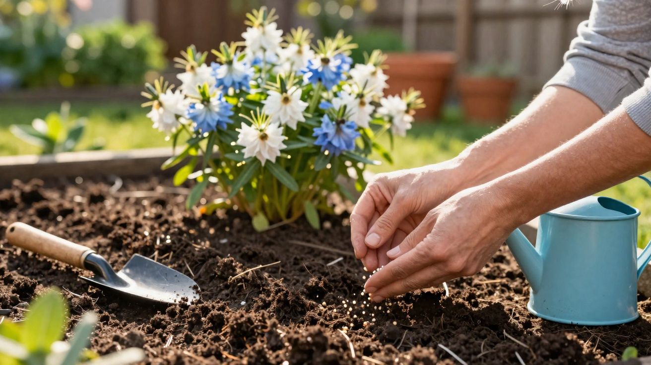 Pessoa plantando sementes em solo de jardim com regador e flores brancas e azuis ao fundo.